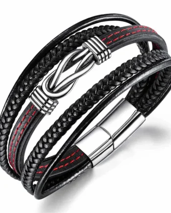 Fiberlæder Armbånd Med Røde Stik Og Rustfrit Stål
