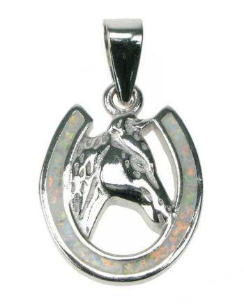 Hestesko Opal Smykke Vedhæng Med Hvid Sne Opal Sten  925 Sterling Sølv   Rhodium Belægning