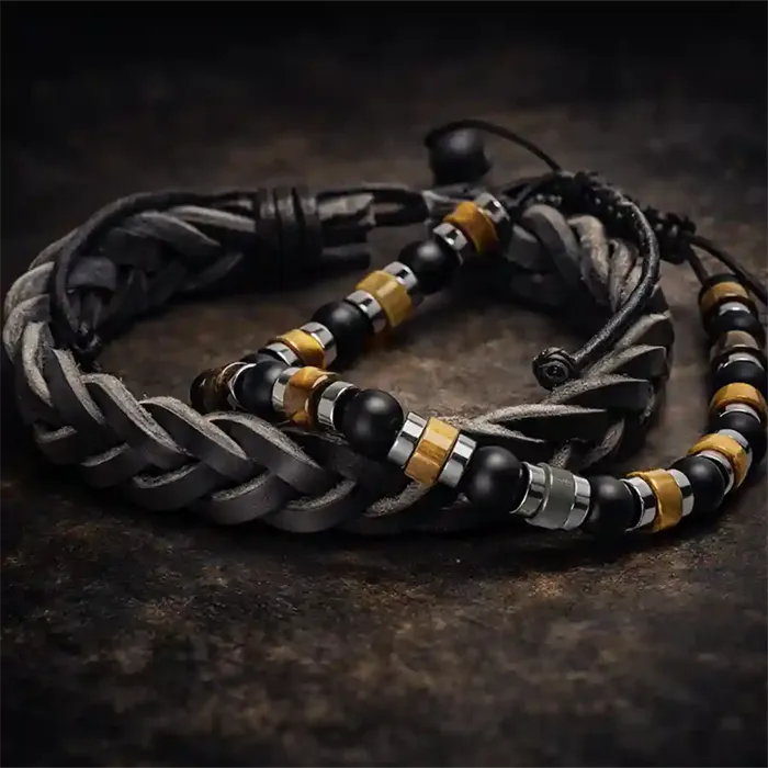 Armbåndsæt Læderarmbånd Perlearmbånd Maskulint Design
