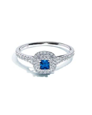 Athen Blå Cushion Cut Safir Forlovelsesring Med Dobbelt Halo