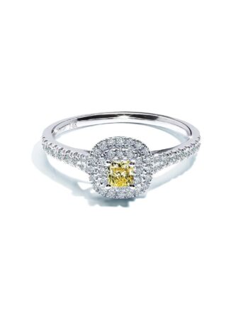 Gul Cushion Safir Forlovelsesring Med Dobbelt Diamant Halo