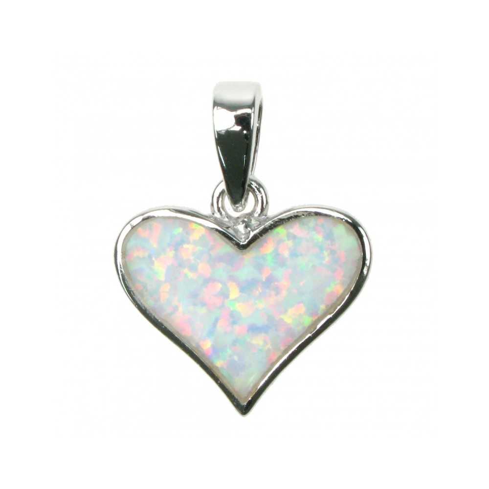 Hjerte Sølv Smykke Halskæde Med Hvid Sne Opal Sten  925 Sterling Sølv   Rhodium Belægning