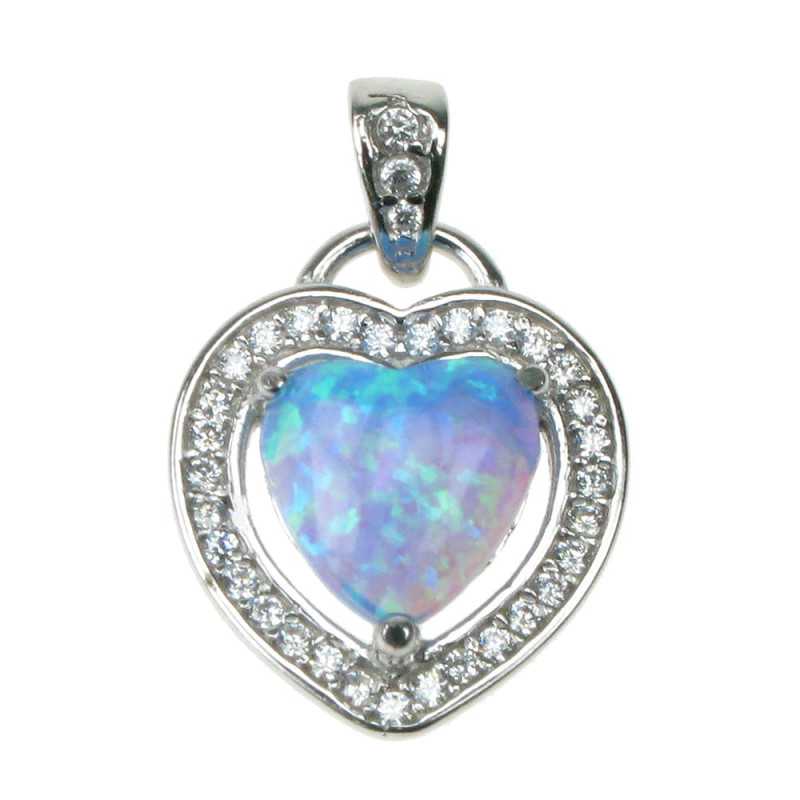 Hjerte Sølv Smykke Halskæde Vedhæng Med Blå Opal Sten  925 Sterling Sølv  Zirkonia   Rhodium Belægning