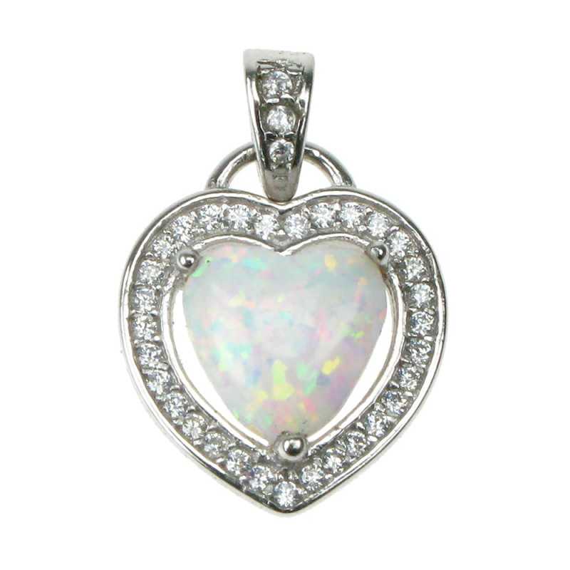 Hjerte Sølv Smykke Halskæde Vedhæng Med Hvid Sne Opal Sten  925 Sterling Sølv  Zirkonia   Rhodium Belægning