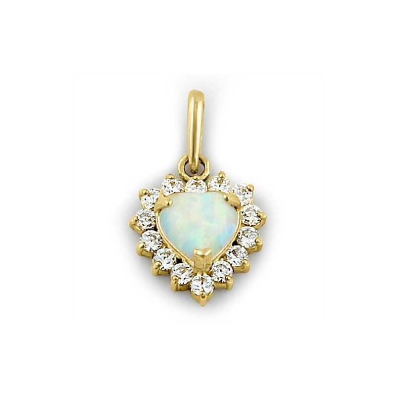 Hjerte Solid 14k Guldsmykke Vedhæng Med Hvid Opal Sten Og Zirkonia
