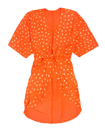 Kimono   Blodappelsin Farve  Breeze Med Fjerprint   Guld Onesize