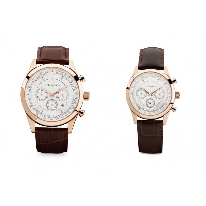 Luigi Ricci Eleganza X10   X11 Gavesæt  Chronograph Armbånds Ure Til Mænd   Kvinder  Med Rosa Guld Og Læder Rem