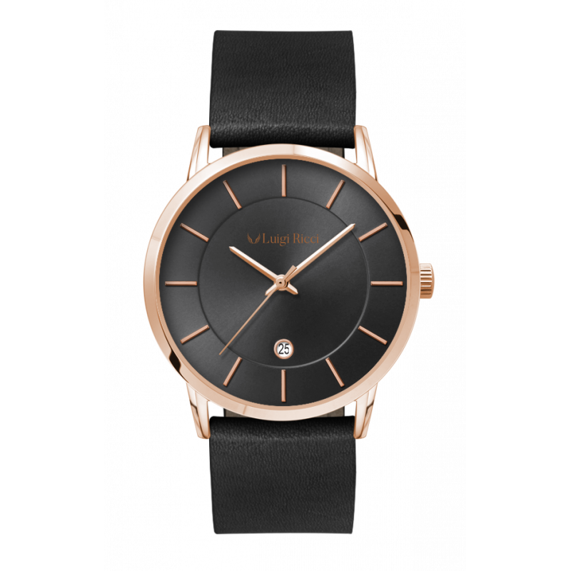 Luigi Ricci Roma Classica Sort Unisex Ur Med Rosa Guld Og Læder Rem