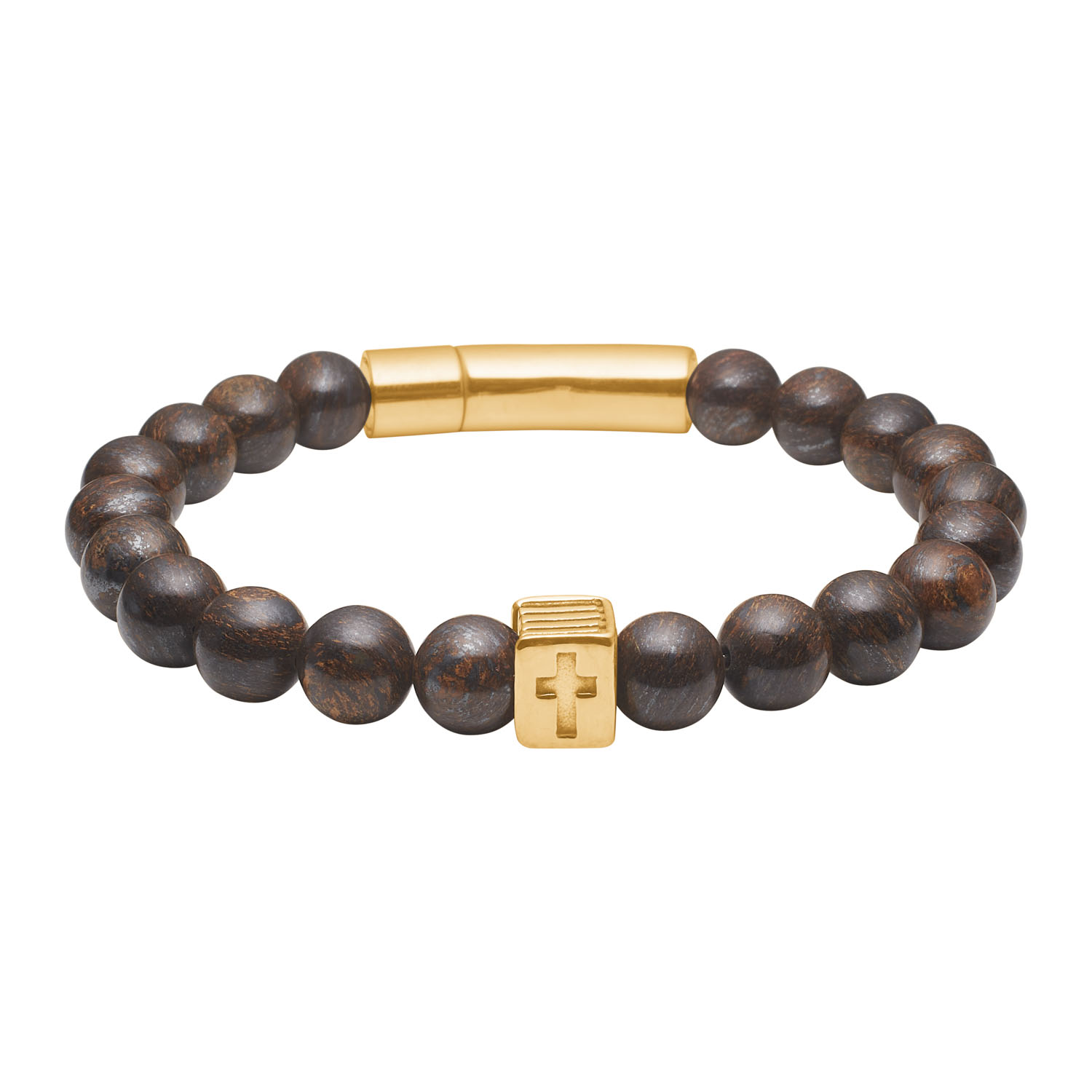 Armbånd   Forgyldt Stål Med Bronzite Natursten Og Kors 21 Cm Langt