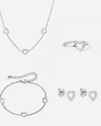 Heart Zirkon Trio Halskæde   Armbånd   øreringe   Ring Sølvfarvet 8mm