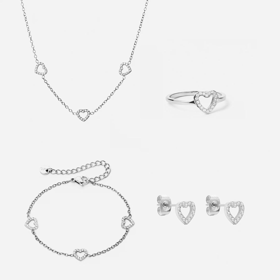 Heart Zirkon Trio Halskæde Armbånd øreringe Ring Sølvfarvet 8mm