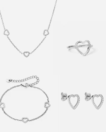 Heart Zirkon Trio Halskæde   Armbånd   øreringe   Ring Sølvfarvet 12mm