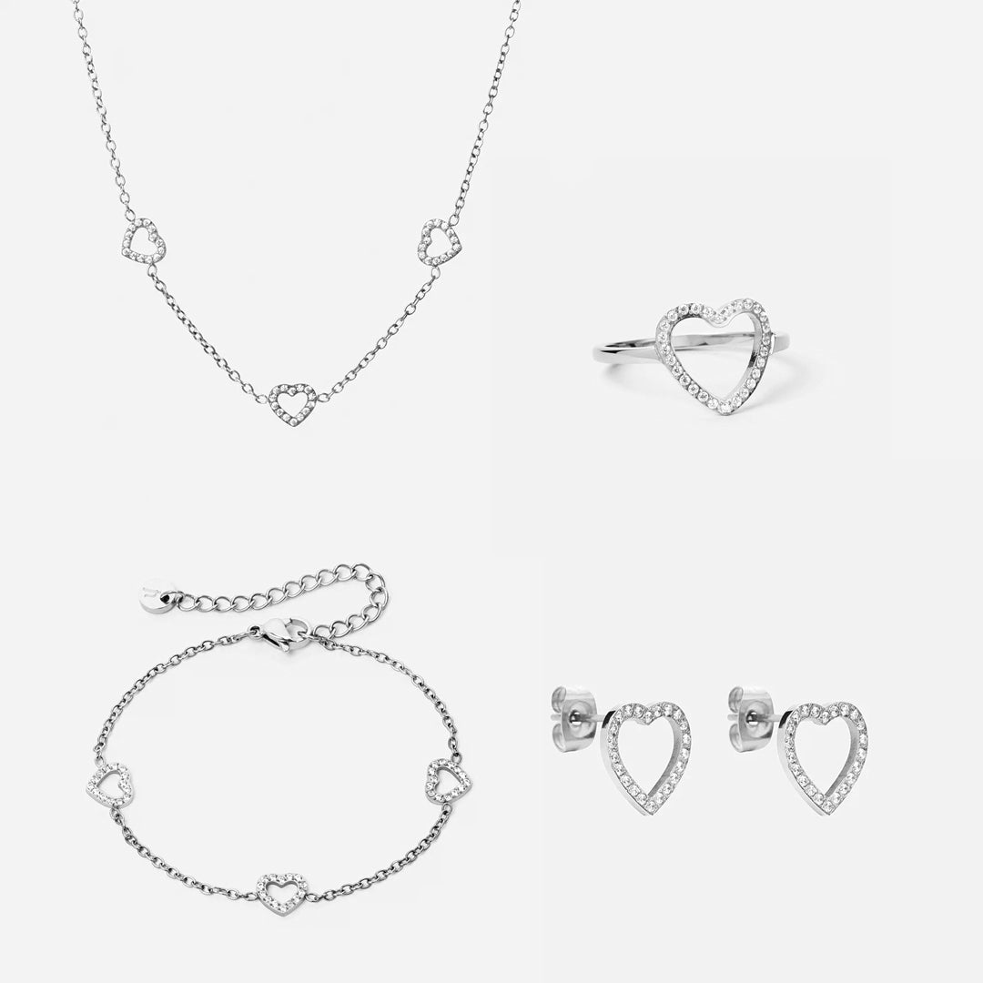 Heart Zirkon Trio Halskæde Armbånd øreringe Ring Sølvfarvet 12mm