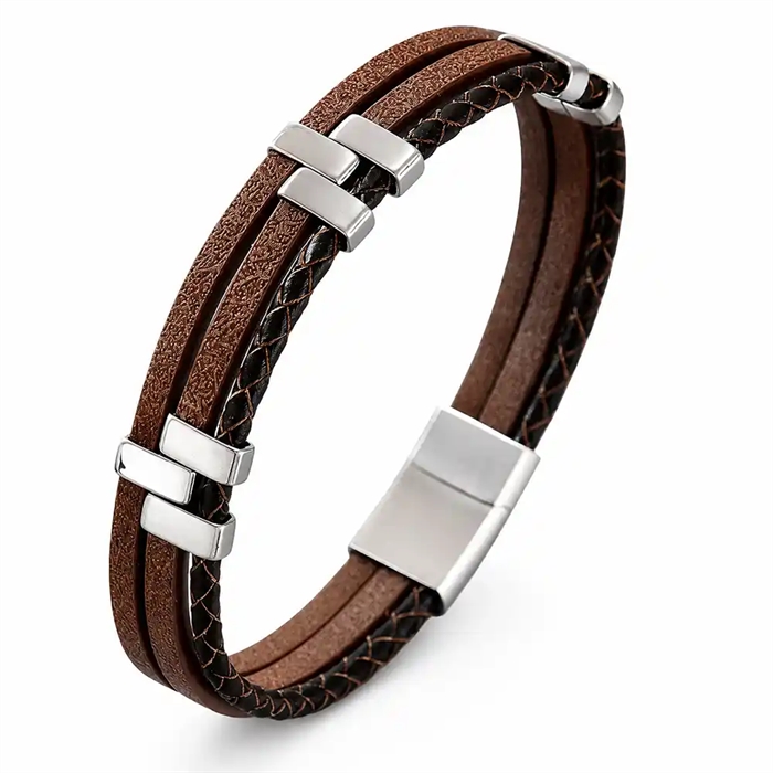 Milano Fusion Brown   Læderarmbånd Med  Rustfrit Stål