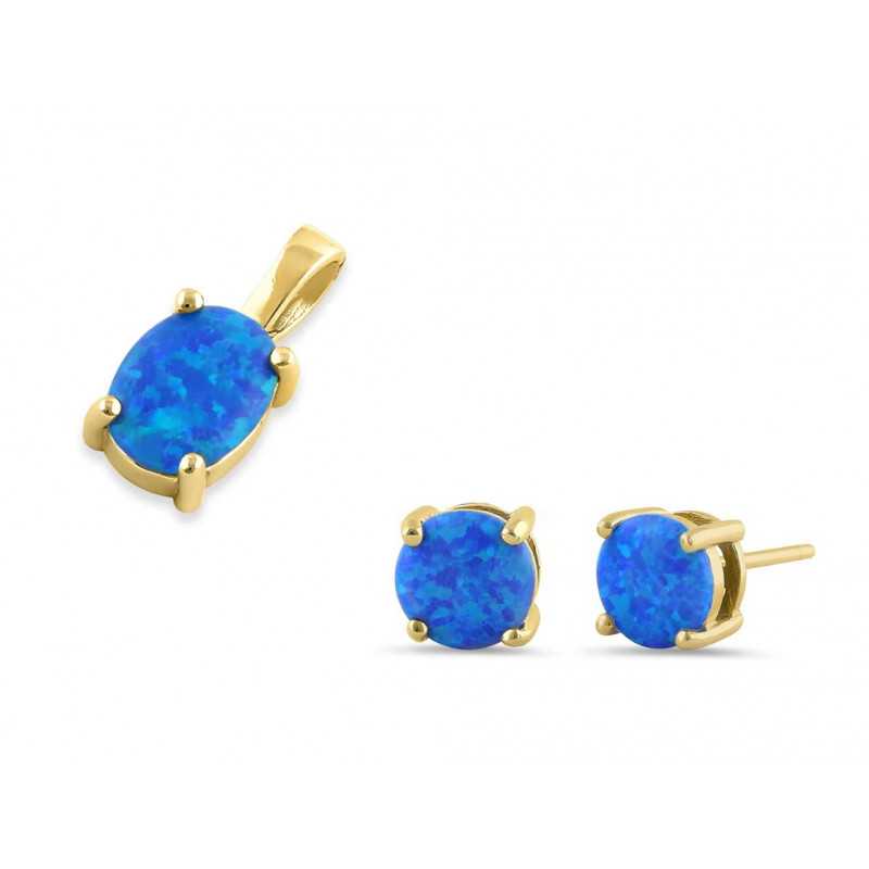 Oval Opal Smykkesæt Med øreringe Og Vedhæng Med Blå Opal Sten 925 Sterling Sølv Guldbelægning