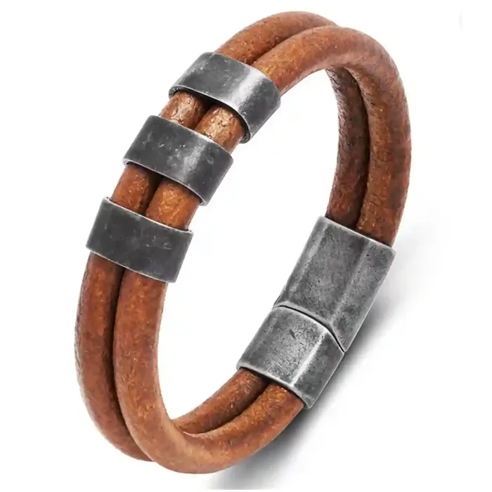 Rustic Core   Brunt Herrearmbånd Med Vintage Stål   Magnetlås