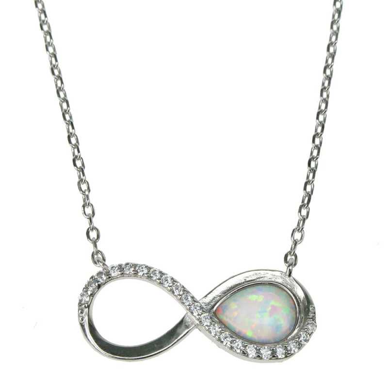 Uendelighed Symbol Med Halskæde  38 Cm    Opal Vedhæng Med Sne  Hvid  Opal Sten  925 Sterling Sølv  Zirkonia   Rhodium Belægning